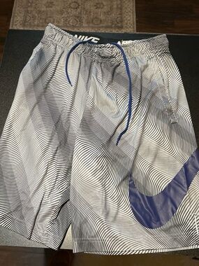 Nike Men's Blue and White Athletic Shorts with Blue Swoosh